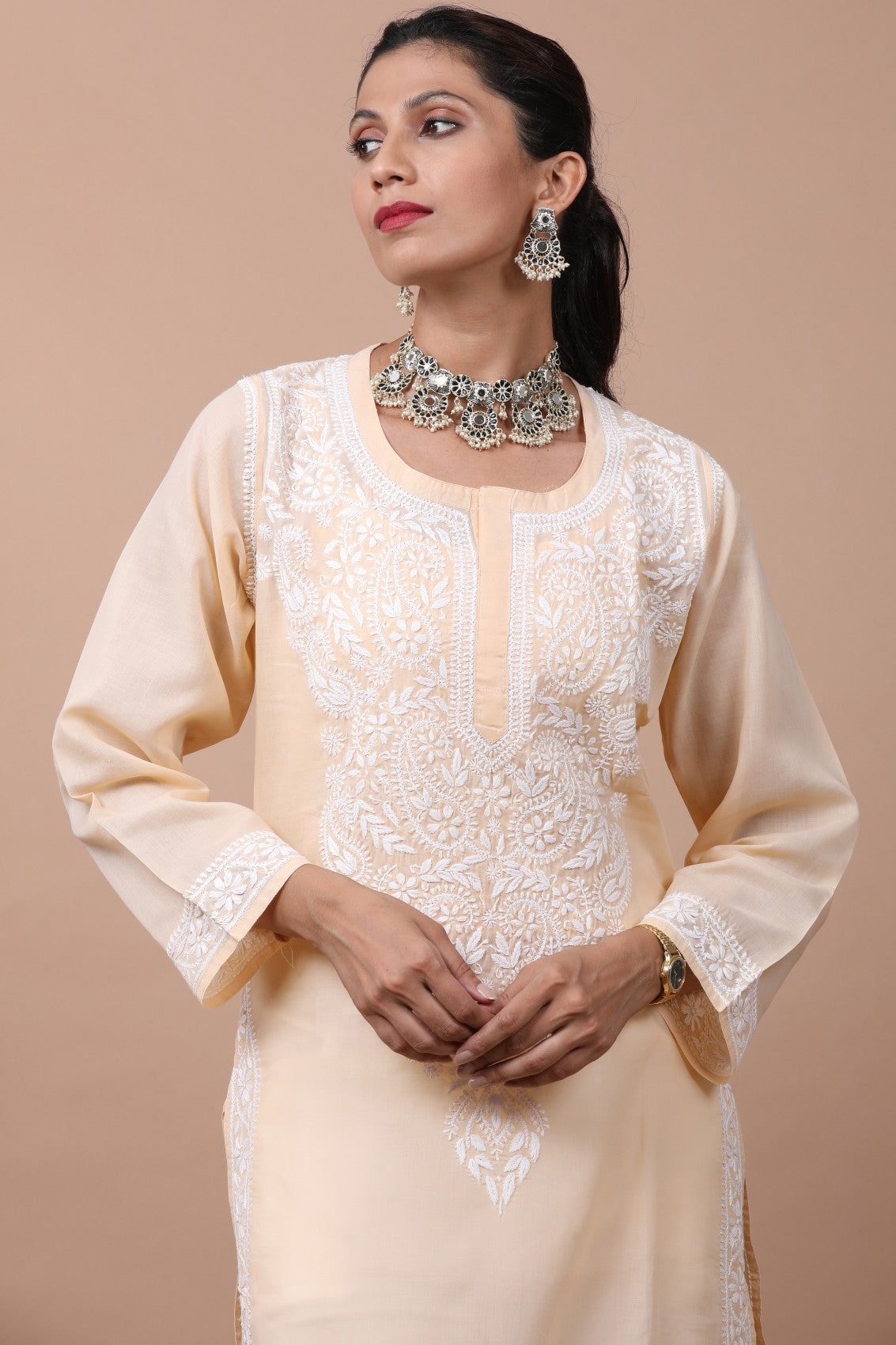 Ada Hand Embroidered Fawn Cotton Lucknowi Chikankari Straight Kurta A582030