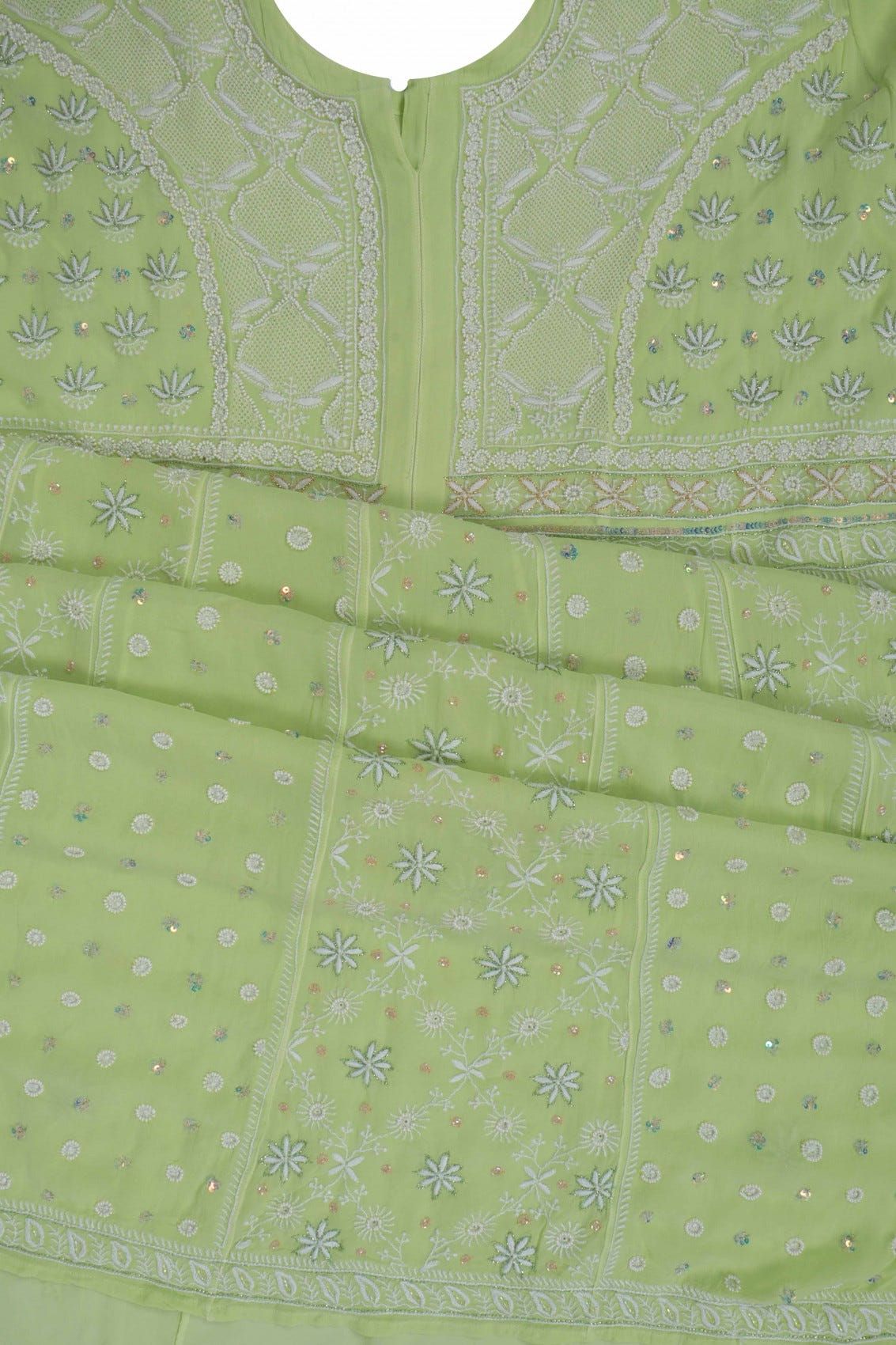 Ada Hand Embroidered Pista Tinge Georgette Lucknowi Chikankari Semi-Stitched Anarkali Kurta Dupatta Set With Pearl Work 01A204834