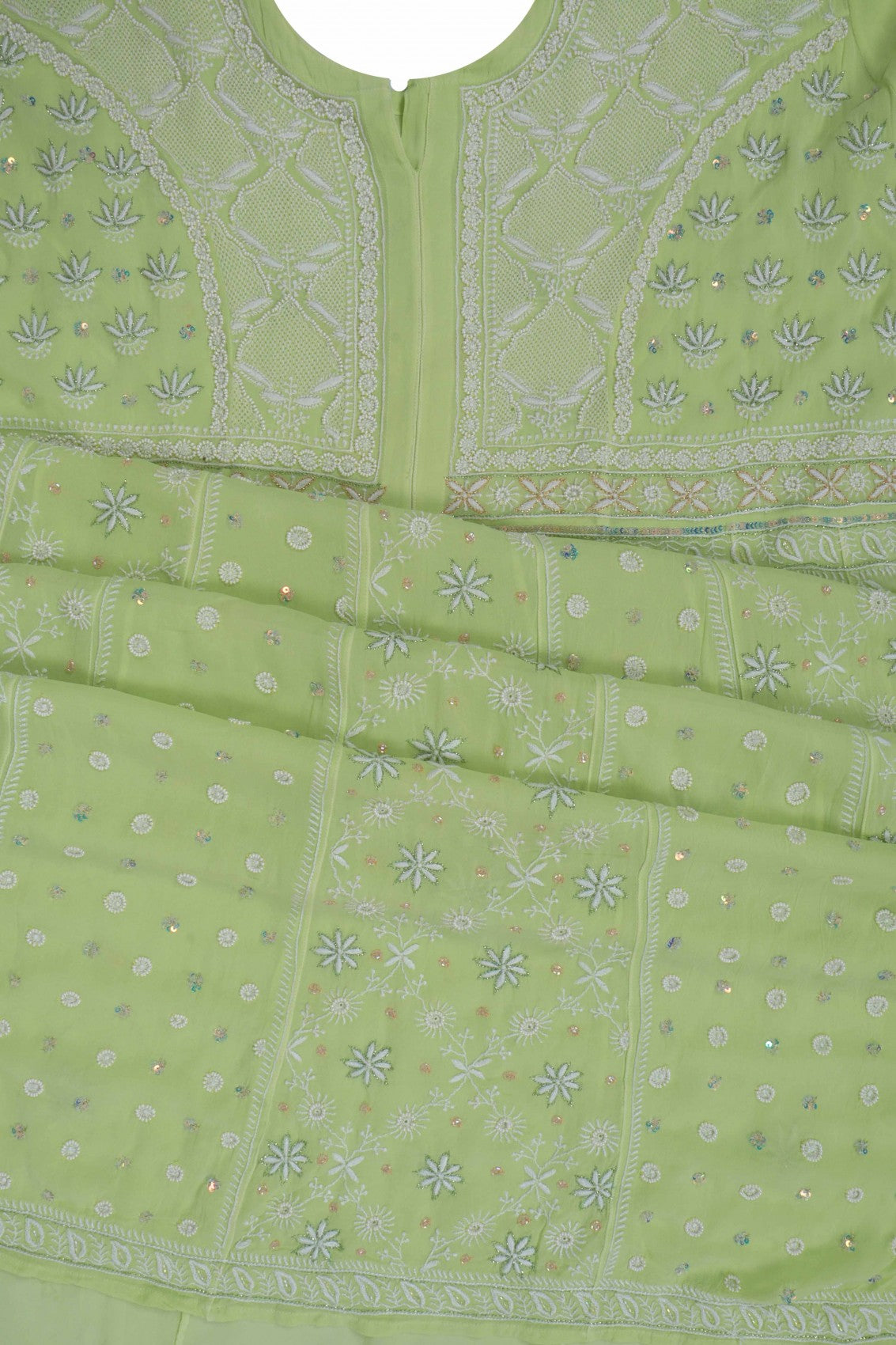 Ada Hand Embroidered Pista Tinge Georgette Lucknowi Chikankari Semi-Stitched Anarkali Kurta Dupatta Set With Pearl Work 01A204834
