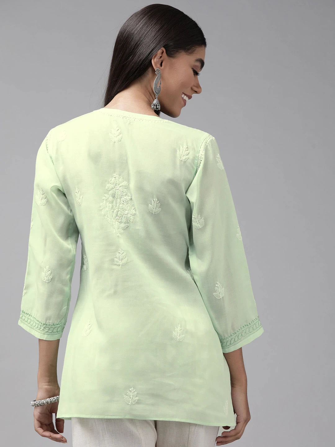 Ada Hand Embroidered Green Cotton Lucknowi Chikankari Straight Kurti A911243