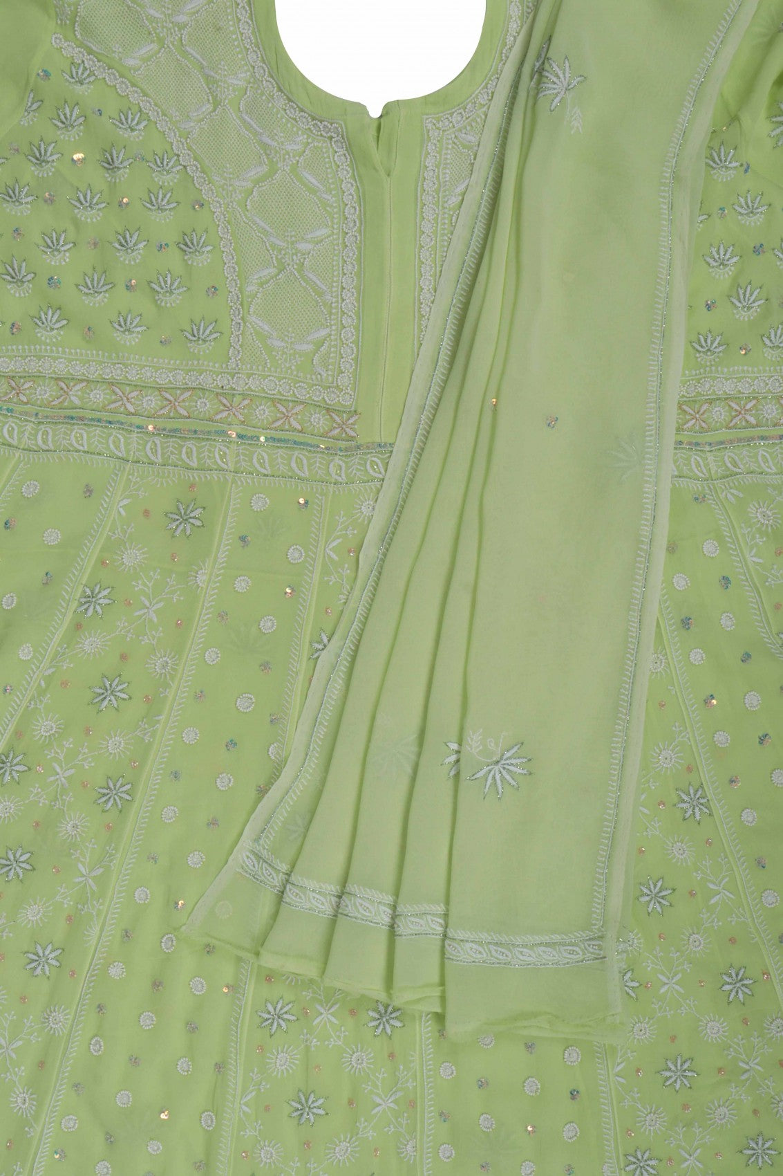 Ada Hand Embroidered Pista Tinge Georgette Lucknowi Chikankari Semi-Stitched Anarkali Kurta Dupatta Set With Pearl Work 01A204834