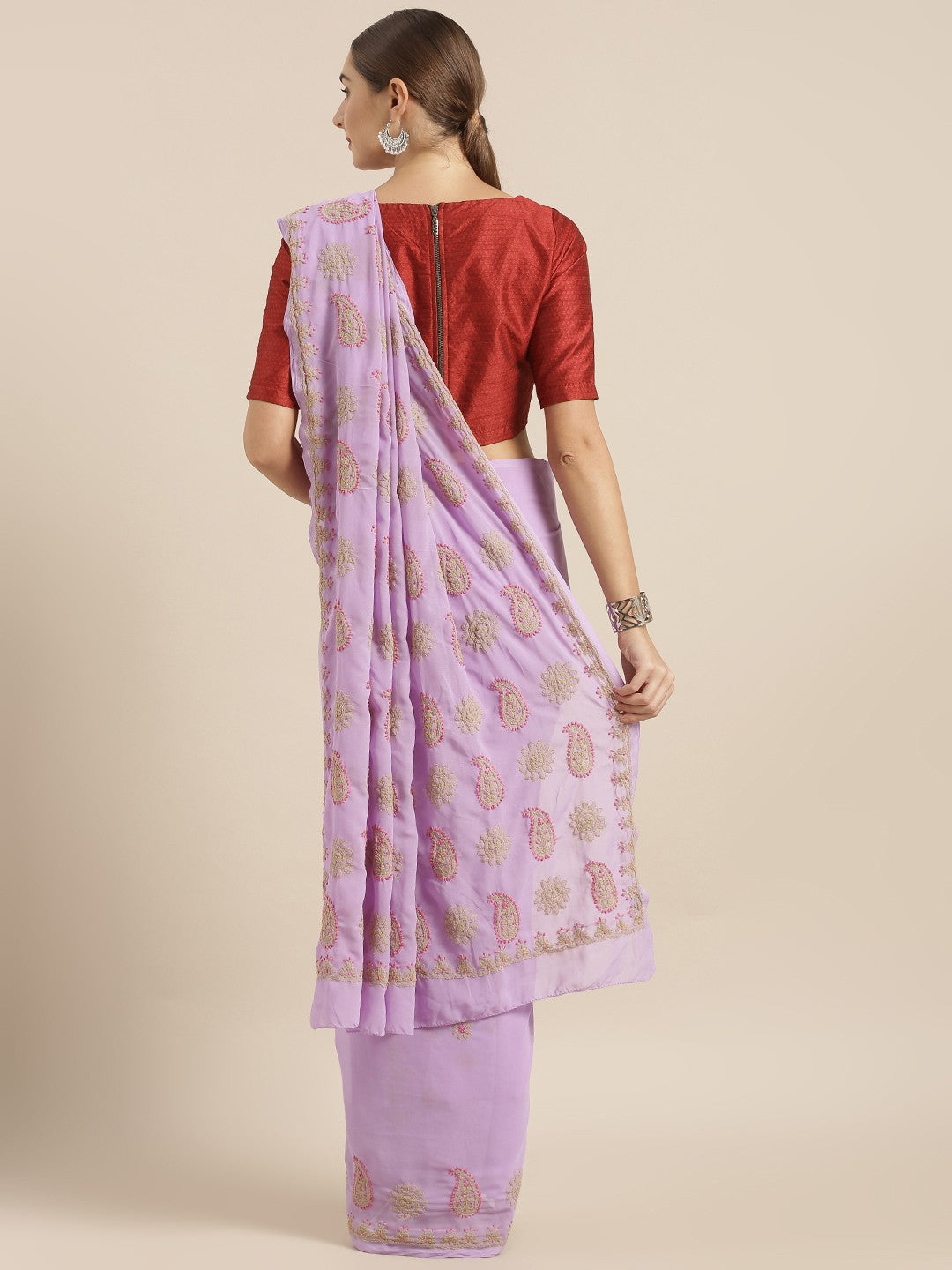 Ada Hand Embroidered Mauve Georgette Lucknow Chikan Saree with Blouse A100214