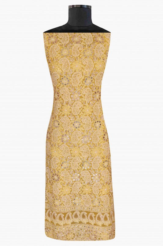 Ada Hand Embroidered Sunglow Yellow Georgette Lucknowi Chikan Unstitched Kurta Dupatta With Gota patti Work A602511