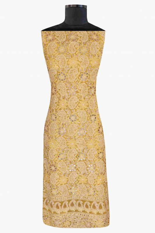 Ada Hand Embroidered Sunglow Yellow Georgette Lucknowi Chikan Unstitched Kurta Dupatta With Gota patti Work A602511
