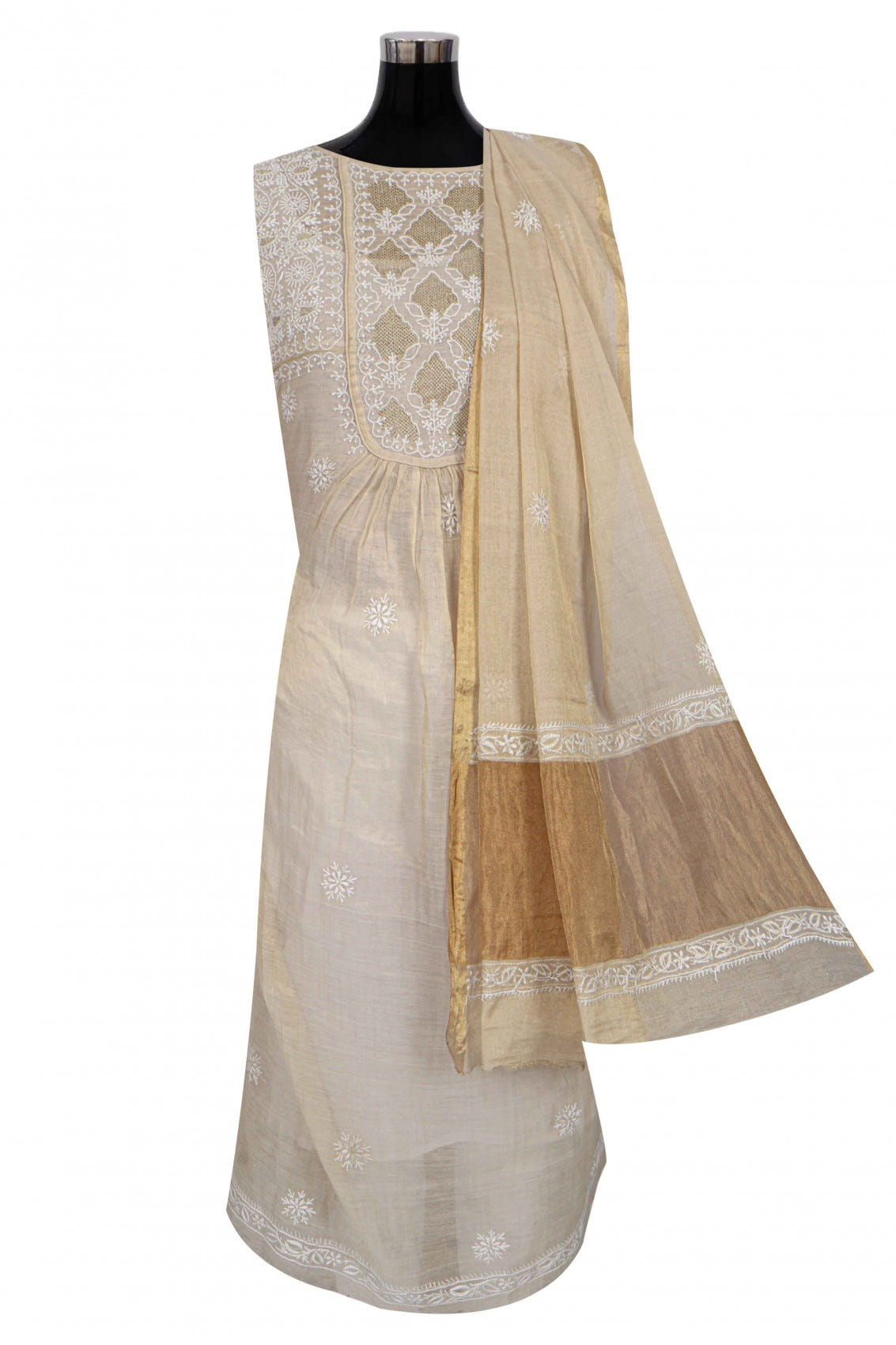 Ada Hand Embroidered Natural Fawn Tissue Lucknowi Chikankari Semi-Stitched Anarkali Kurta Dupatta Set 01A213937