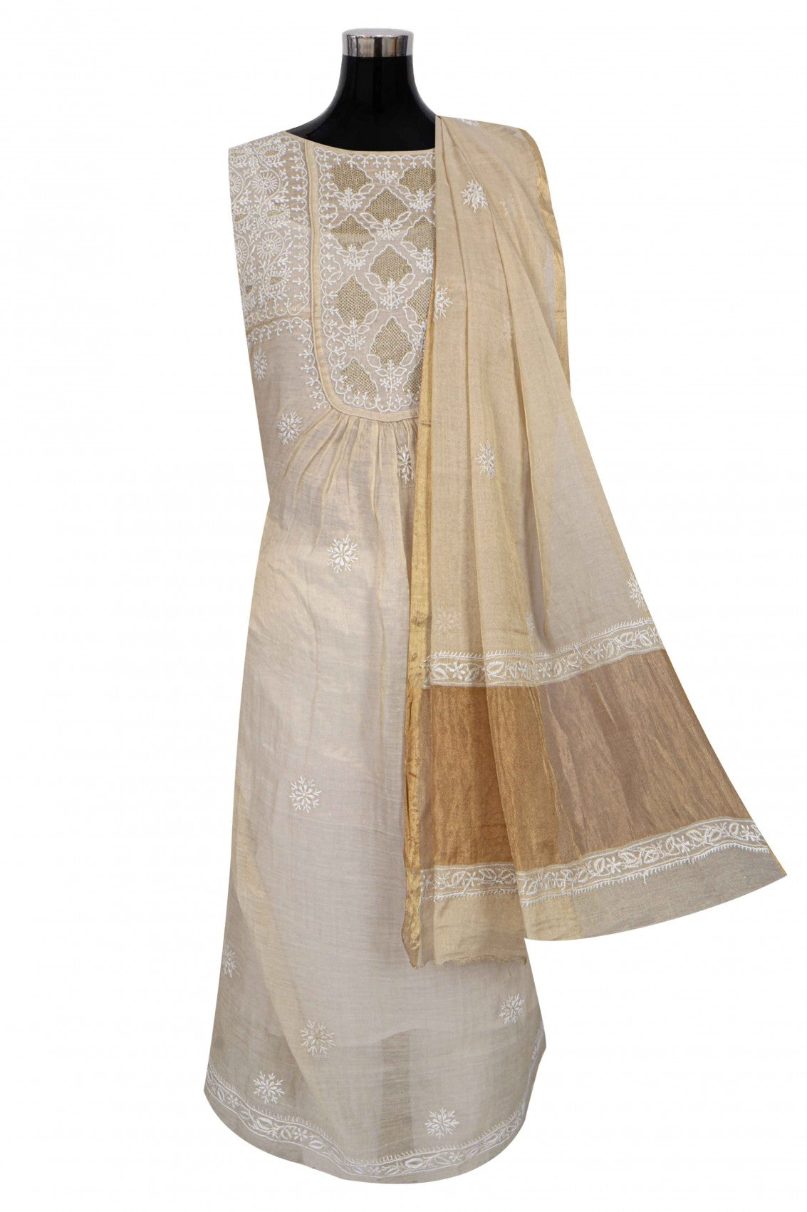 Ada Hand Embroidered Natural Fawn Tissue Lucknowi Chikankari Semi-Stitched Anarkali Kurta Dupatta Set 01A213937