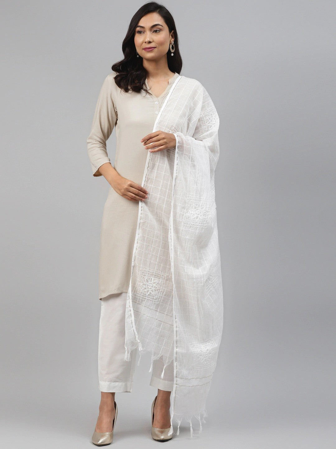 Ada Hand Embroidered White Kota Lucknowi Chikankari Dupatta-A511169