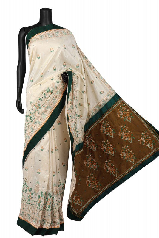Ada Hand Embroidered Cream And Green Dual Shade Silk Lucknowi Chikankari Saree/Blouse With Mirror Work A67386