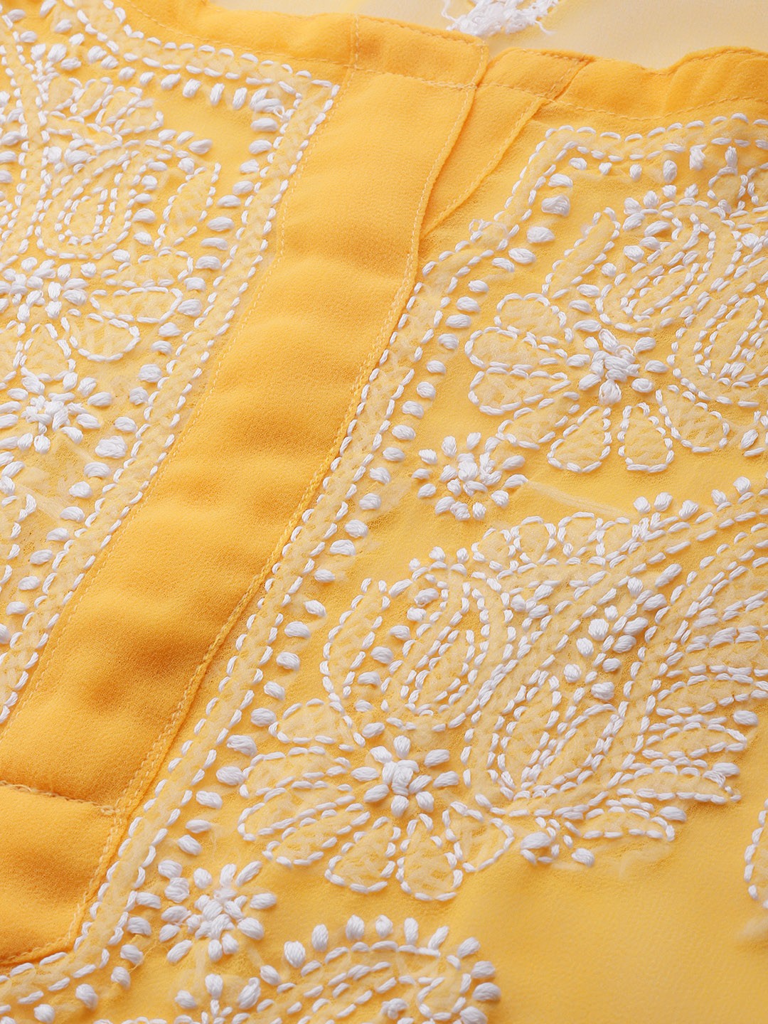 Ada Hand Embroidered Mustard Georgette Lucknowi Chikankari Straight Kurta Set With Slip A811164
