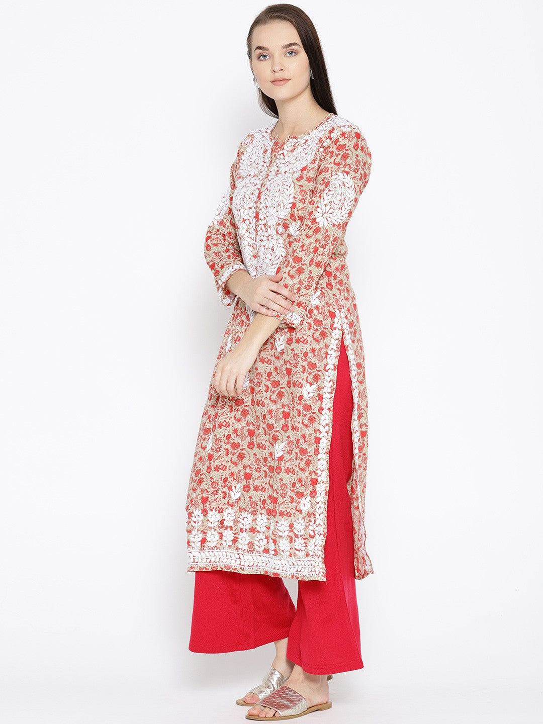Ada Hand Embroidered Fawn Red Cotton Lucknowi Chikankari Straight Kurta- A100039