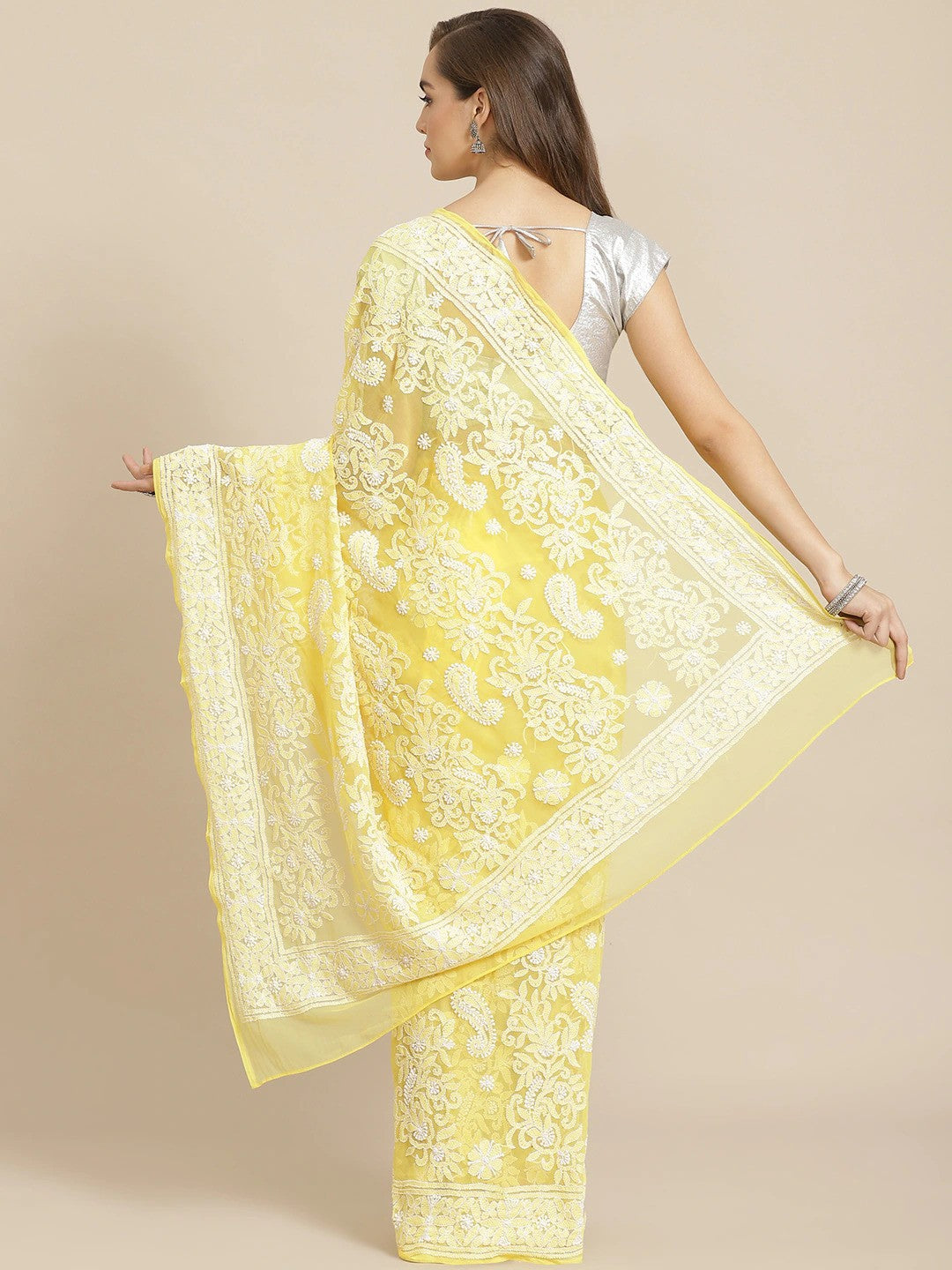 Ada Hand Embroidered Yellow Georgette Lucknow Chikan Saree with Blouse A311292