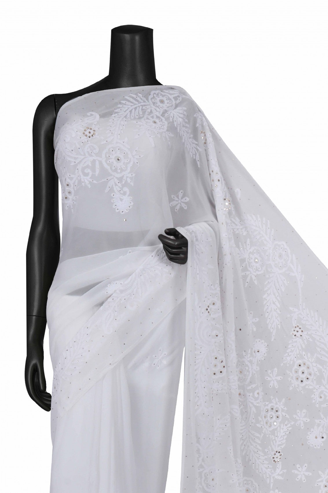 Ada Hand Embroidered White Georgette Lucknowi Chikankari Saree/Blouse With Muqaish Work 01A235479