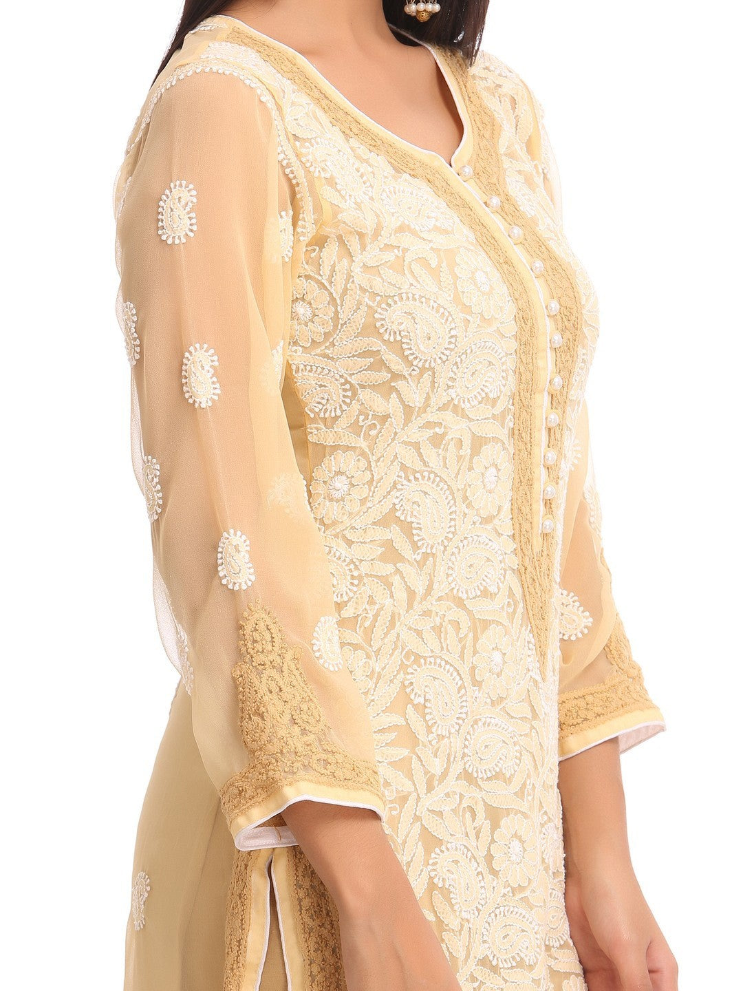 Ada Hand Embroidered Fawn Georgette Lucknowi Chikankari Straight  Kurta with Slip A246735