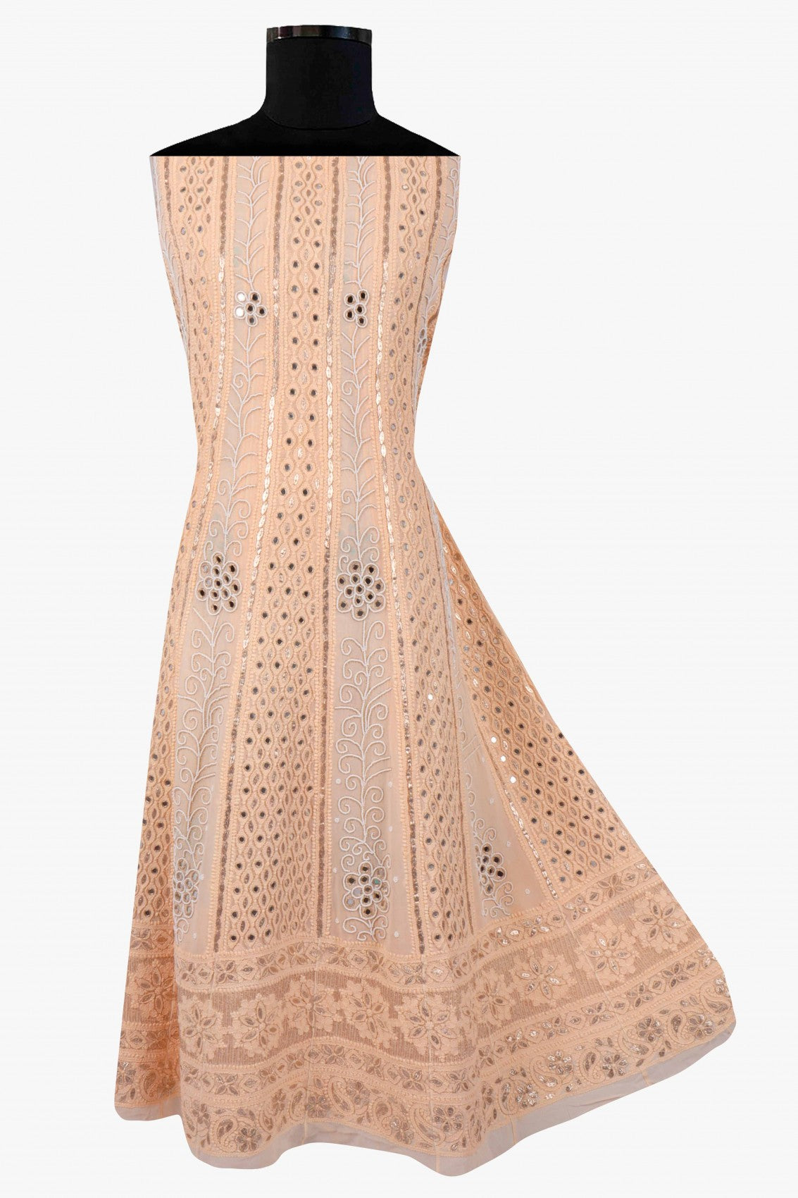 Ada Hand Embroidered Light Peach Georgette Lucknowi Chikankari Semi-Stitched Anarkali Kurta Dupatta Set With Gota Patti Work 01A135120