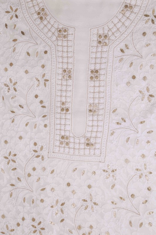 Ada Hand Embroidered White Georgette Chikan Unstitched Kurta Piece- A619732