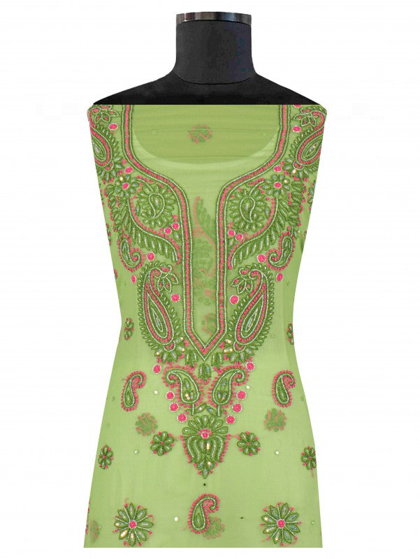 Ada Hand Embroidered Grass Green Georgette Lucknowi Chikankari Unstitched Suit Piece With Cutdana Work 01A132286