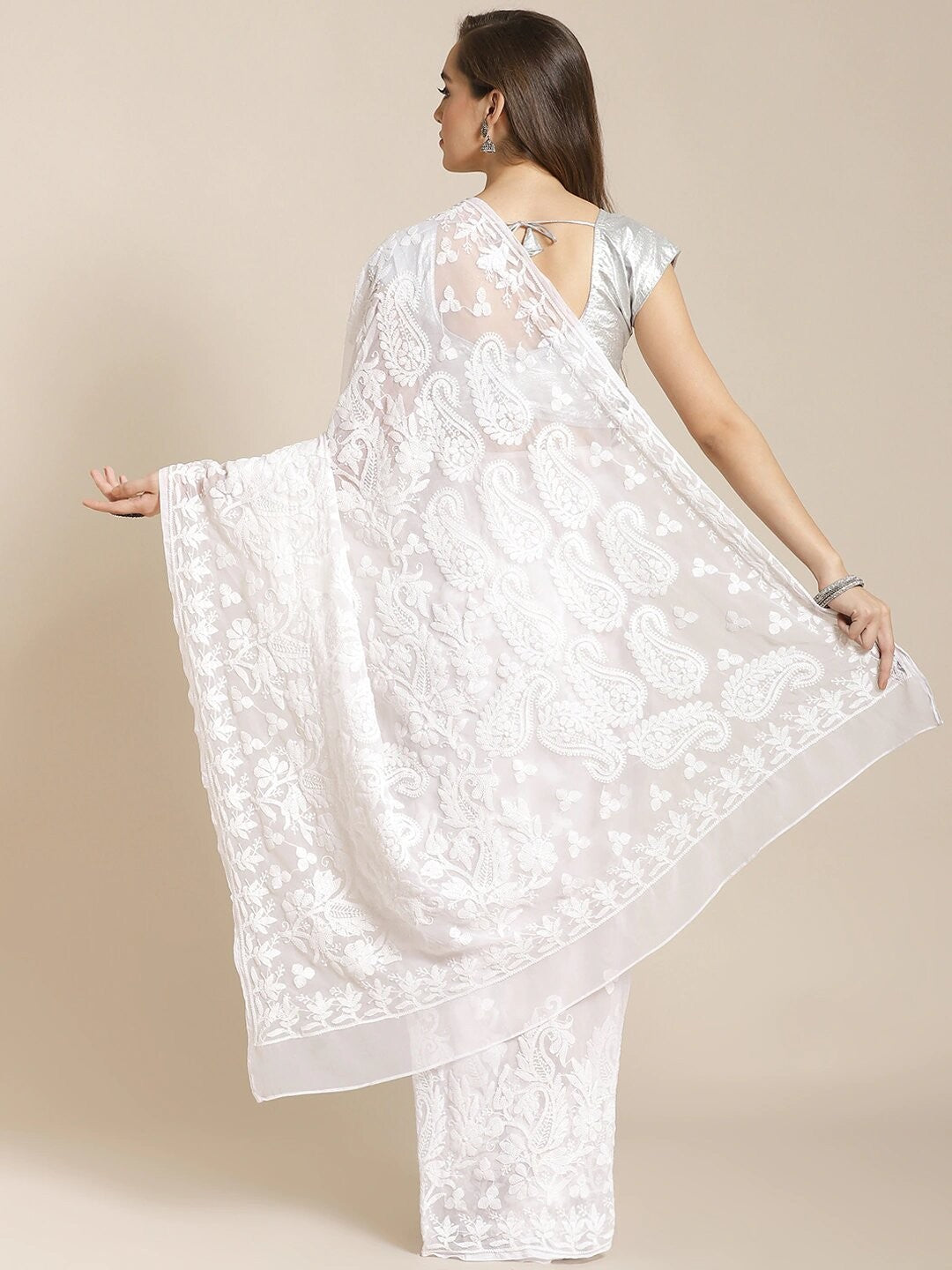 Ada Hand Embroidered White Georgette Lucknow Chikan Saree with Blouse A311264