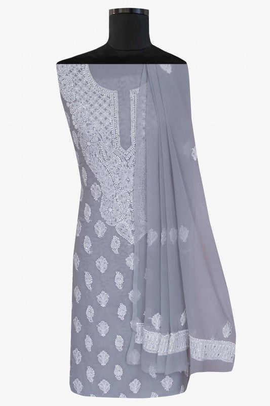 Ada Hand Embroidered Grey Georgette Lucknowi Chikan Unstitched Suit Piece with Muqaish Work A614631