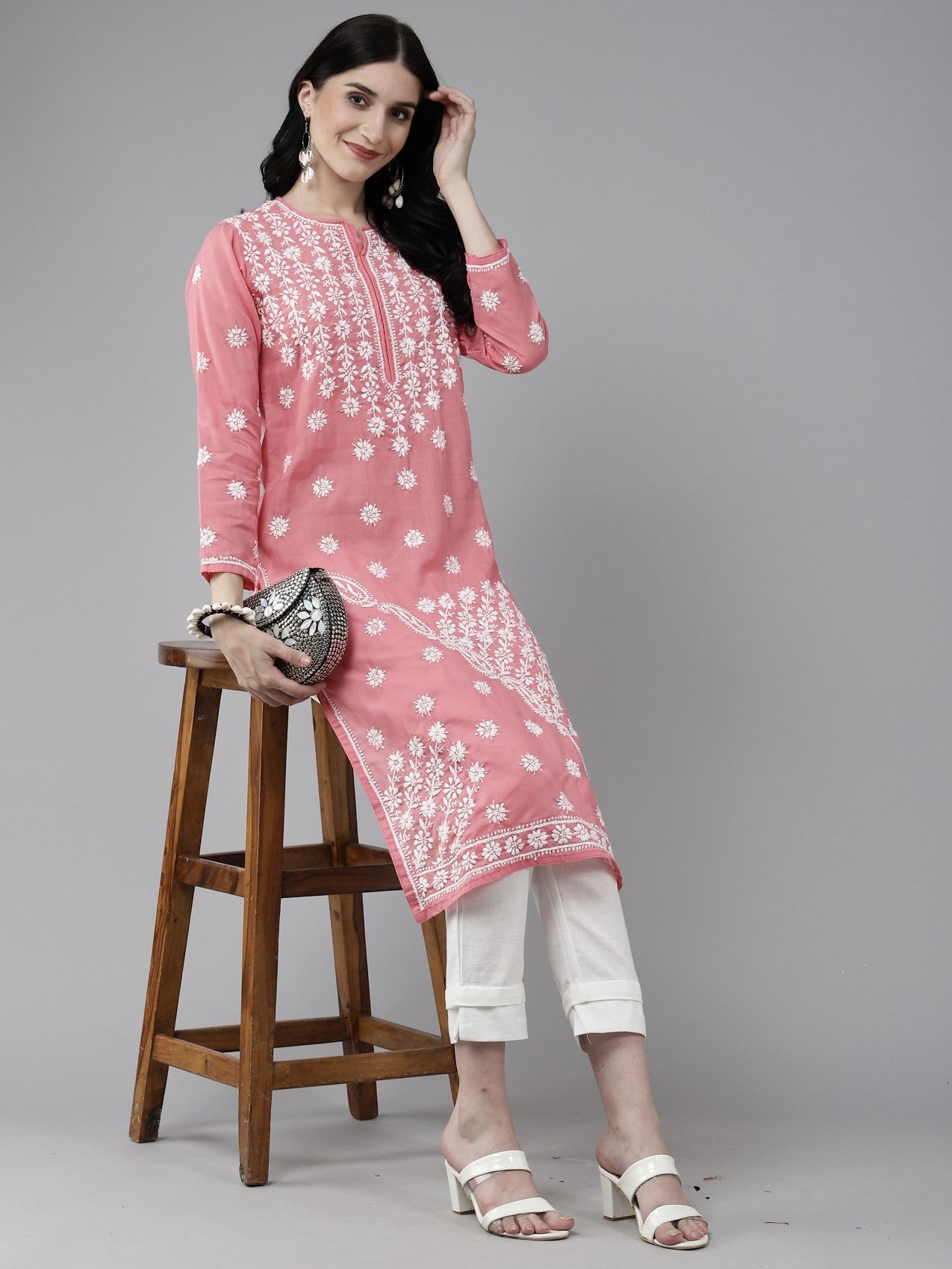 Ada Hand Embroidered Peach Cotton Lucknow Chikankari Straight Kurta A411401