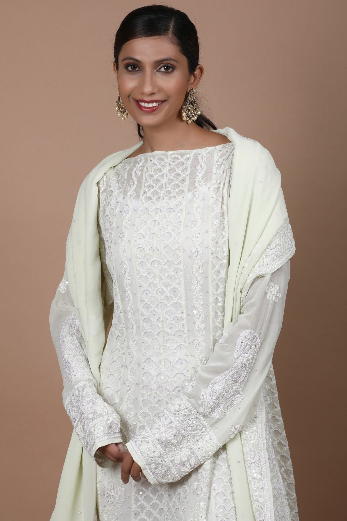 Ada Hand Embroidered Lime Green Pure Georgette Lucknowi Chikankari Semi-Stitched Anarkali Kurta Dupatta Set With Sequinned Work 01A194514