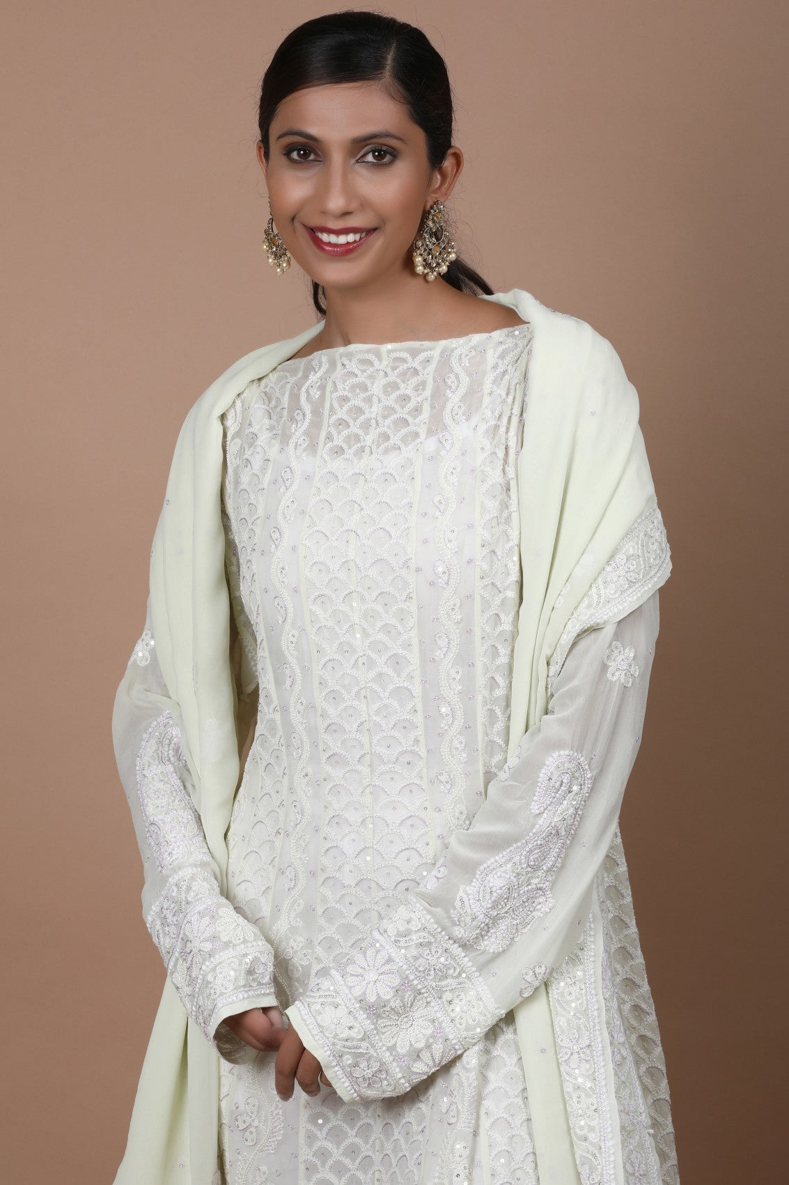 Ada Hand Embroidered Lime Green Pure Georgette Lucknowi Chikankari Semi-Stitched Anarkali Kurta Dupatta Set With Sequinned Work 01A194514