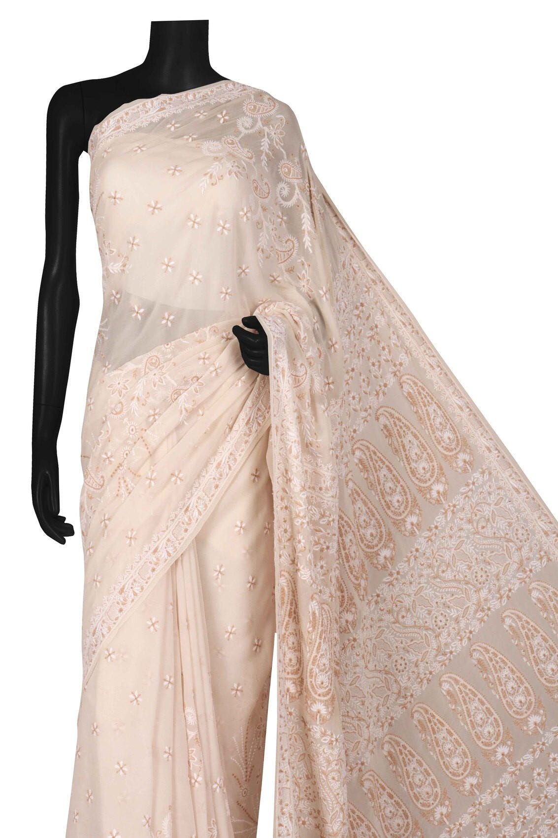 Ada Hand Embroidered Cream Pure Georgette Lucknowi Chikankari Saree with Blouse A275184