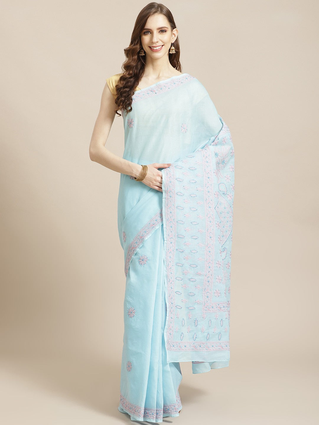 Ada Hand Embroidered Blue Cotton Lucknow Chikan Saree With Blouse-A311210
