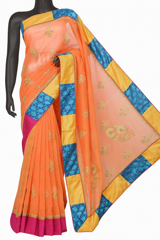 Ada Hand Embroidered Orange Kota Lucknowi Chikankari Saree With Blouse A56516