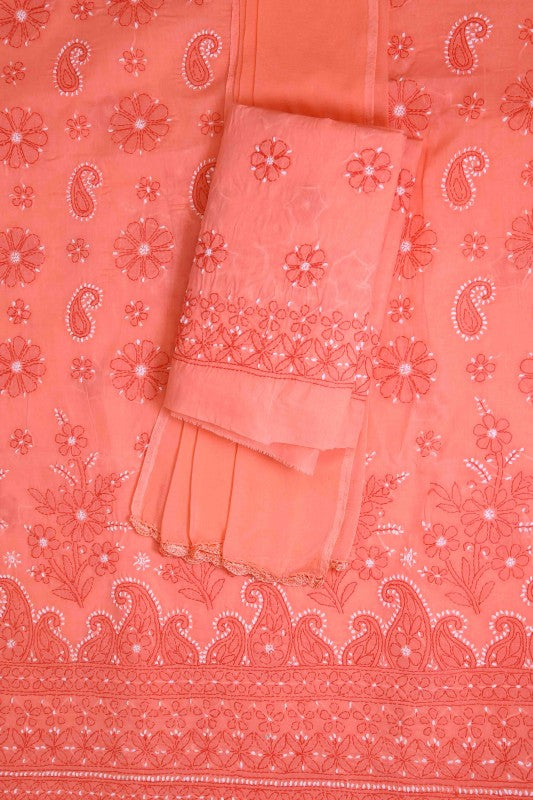 Ada Hand Embroidered Peach Cotton Lucknowi Chikan Unstitched Suit Piece–A100191