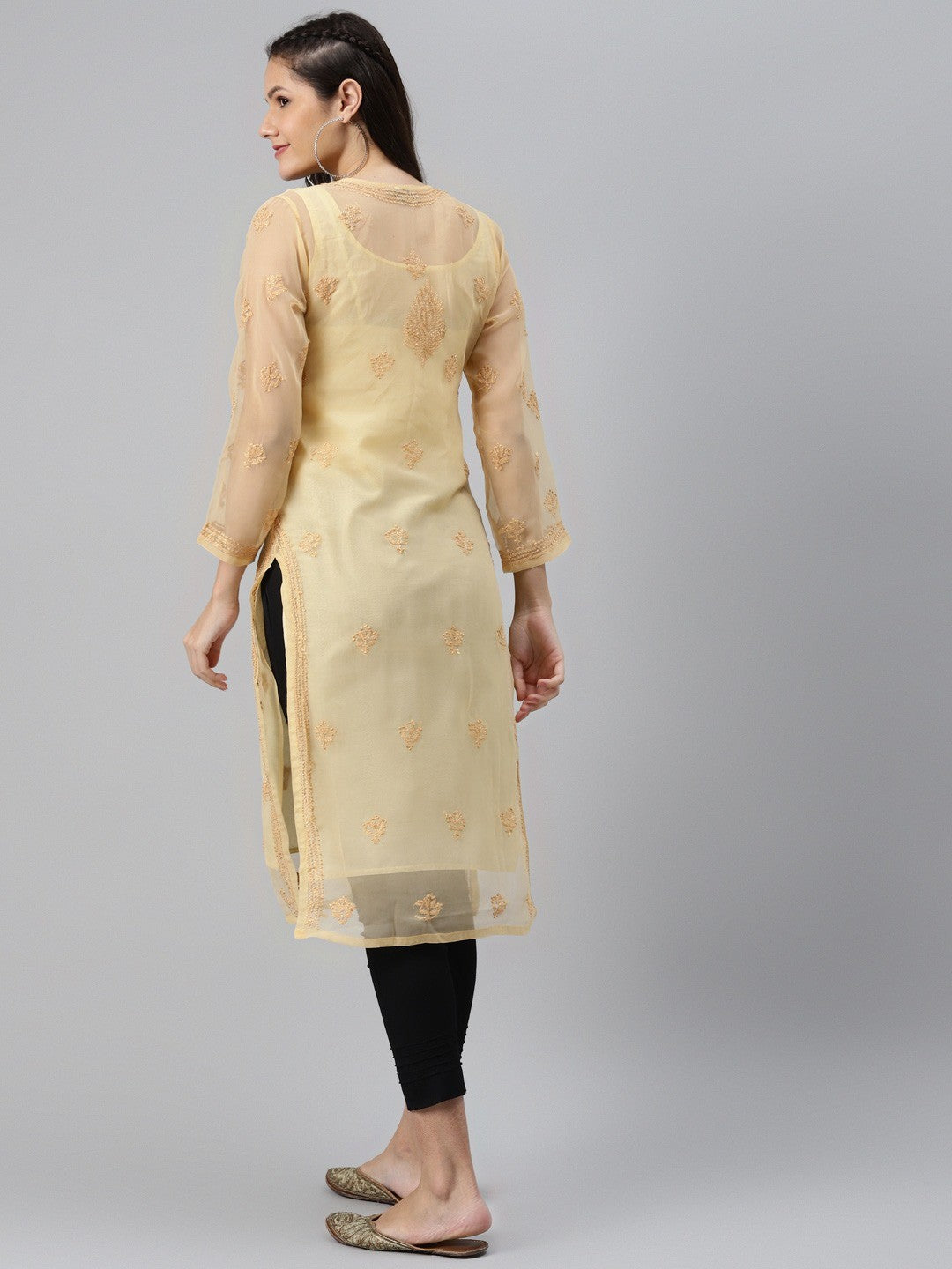 Ada Hand Embroidered Fawn Georgette Lucknowi Chikankari Straight Kurta Set With Slip A811193