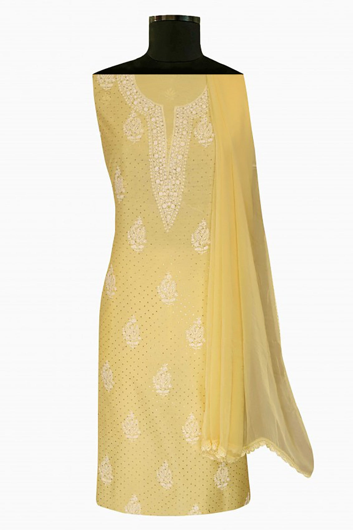 Ada Hand Embroidered Lemon Chanderi Lucknowi Chikankari Unstitched Suit Piece With Muqaish Work 01A86279