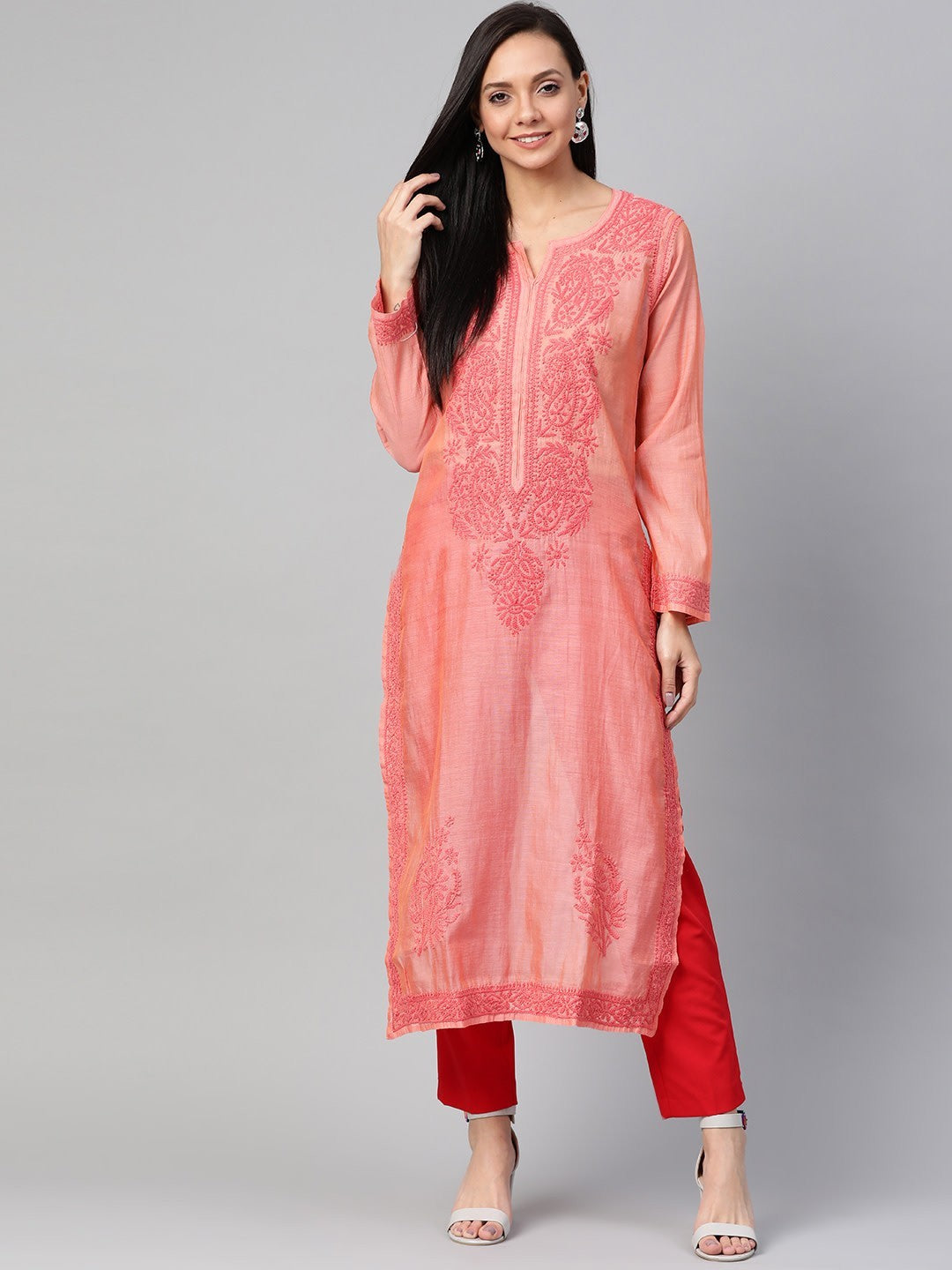 Ada Hand Embroidered Peach Chanderi Lucknowi Chikankari Straight Kurta A100476