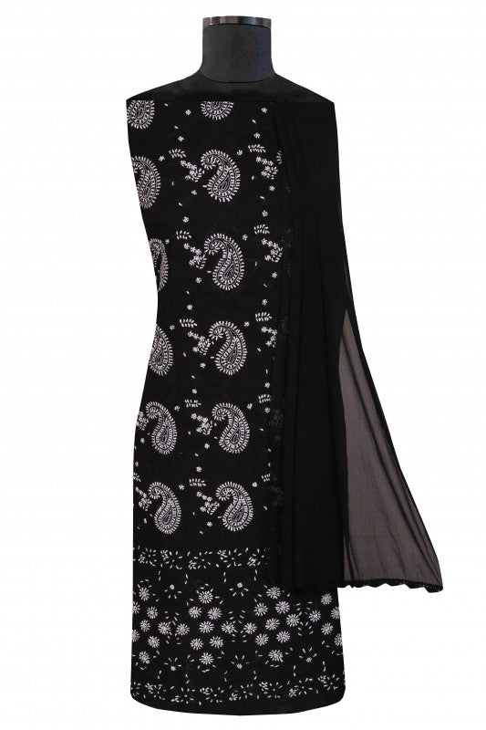 Ada Hand Embroidered Black Cotton Lucknowi Chikan Unstitched Suit Piece A211124