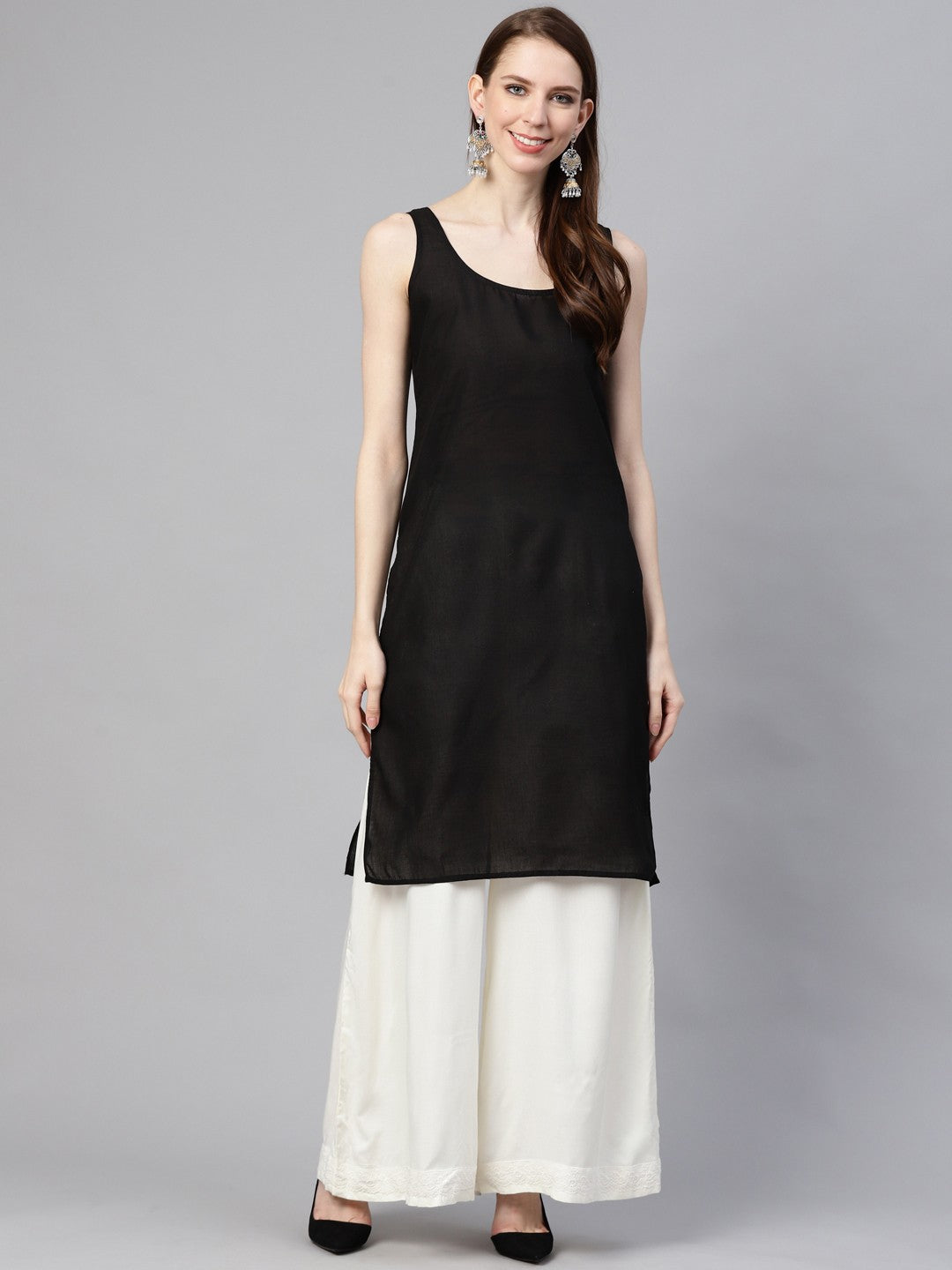 Ada Hand Embroidered Black Georgette Lucknowi Chikan Straight Kurta/Slip with Gota patti Work A411116