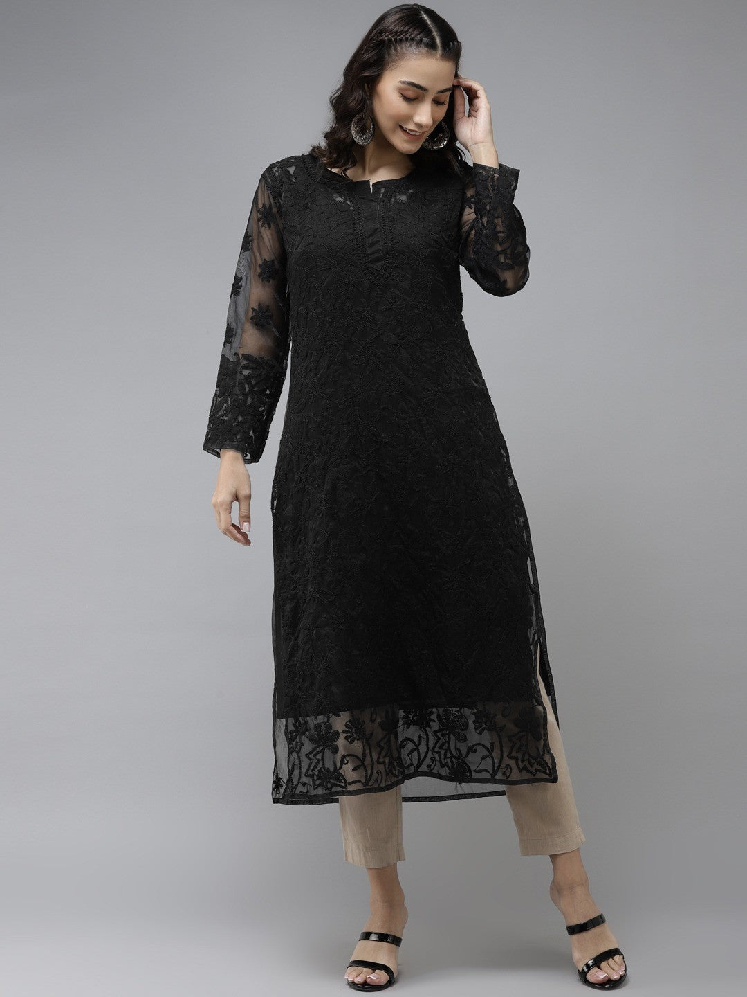 Ada Hand Embroidered Black Organza Lucknowi Chikankari Straight Kurta With Slip A411236