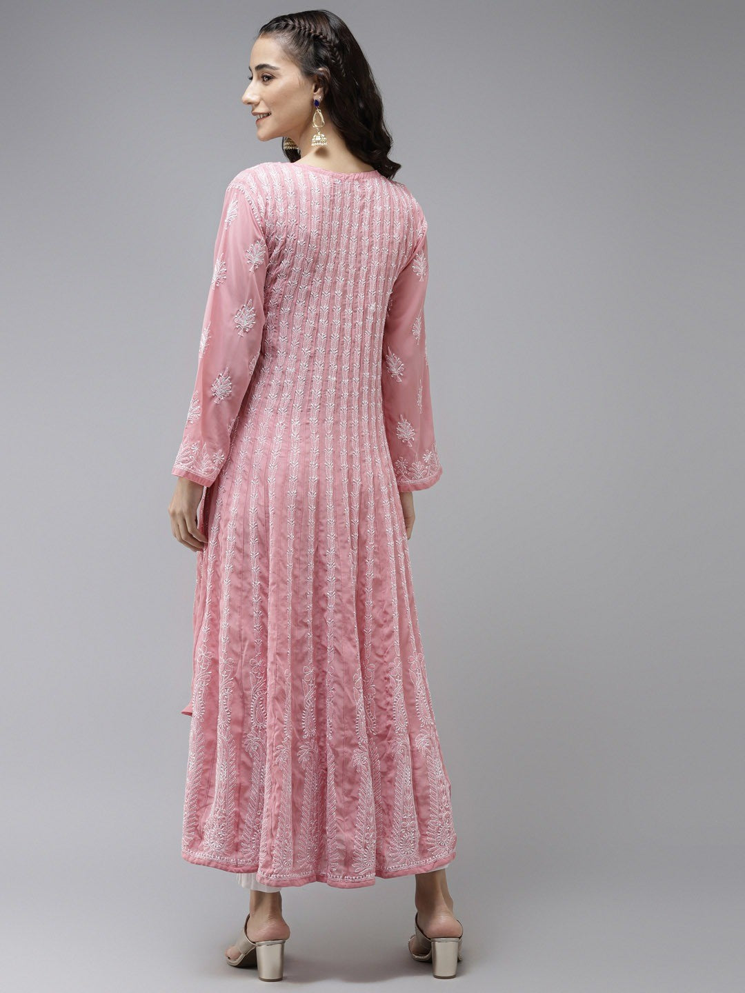 Ada Hand Embroidered Onion Pink Georgette Lucknow Chikankari Anarkali Kurta - A411226