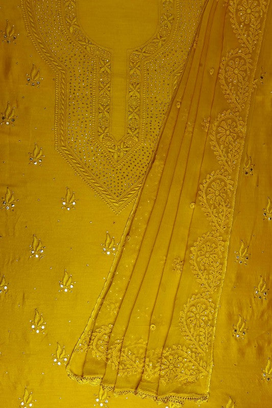 Ada Hand Embroidered Mustard Georgette Lucknowi Chikan Unstitched Kurta Dupatta Set With Muqaish Work A394927