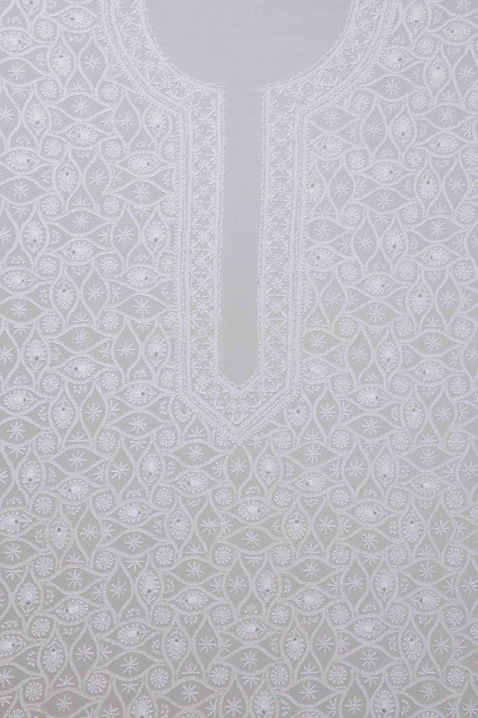 Ada Hand Embroidered White Pure Georgette Lucknowi Chikankari Unstitched Men's Kurta Piece A208586