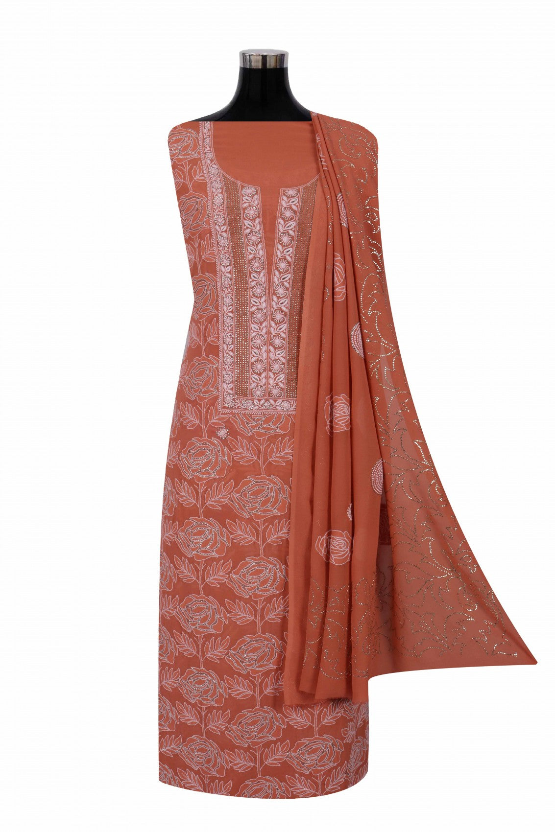 Ada Hand Embroidered Rust Pure Georgette Lucknowi Chikankari Unstitched Suit Piece With Muqaish Work A561330