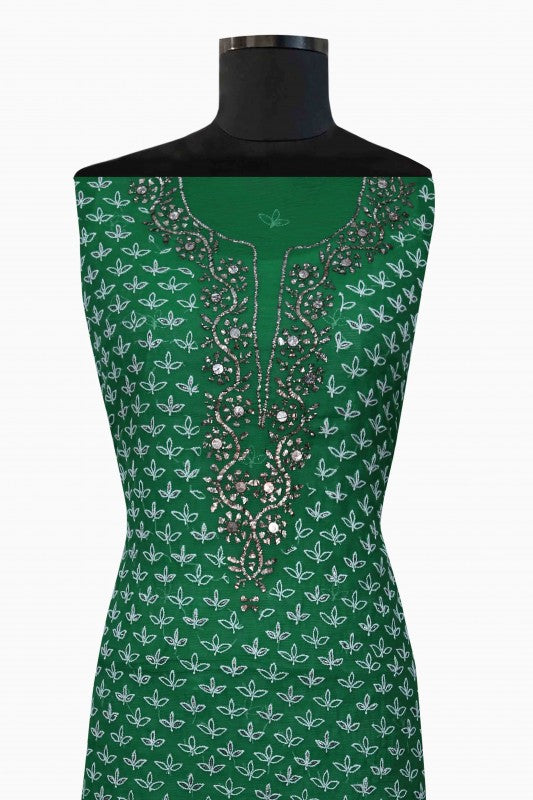 Ada Hand Embroidered Green Chanderi Chikan Unstitched Kurta With Muqaish Work A171645