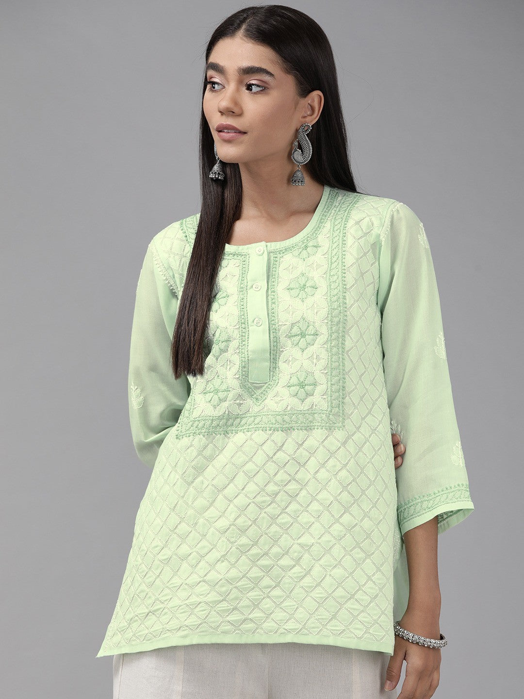 Ada Hand Embroidered Green Cotton Lucknowi Chikankari Straight Kurti A911243