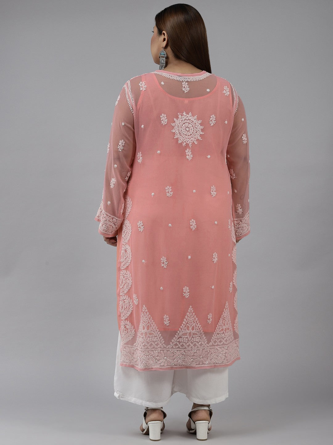 Ada Hand Embroidered Peach Georgette Lucknowi Chikankari Straight Kurta With Slip A411194