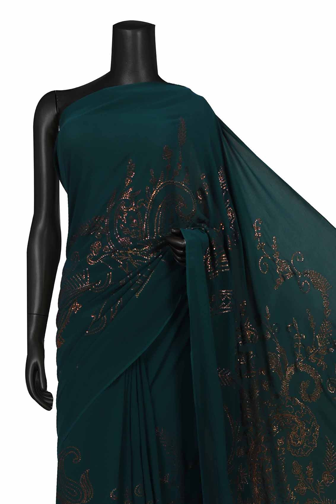 Ada Hand Embroidered Dark Green Pure Georgette Lucknowi Chikankari Saree/Blouse With Muqaish Work A456850