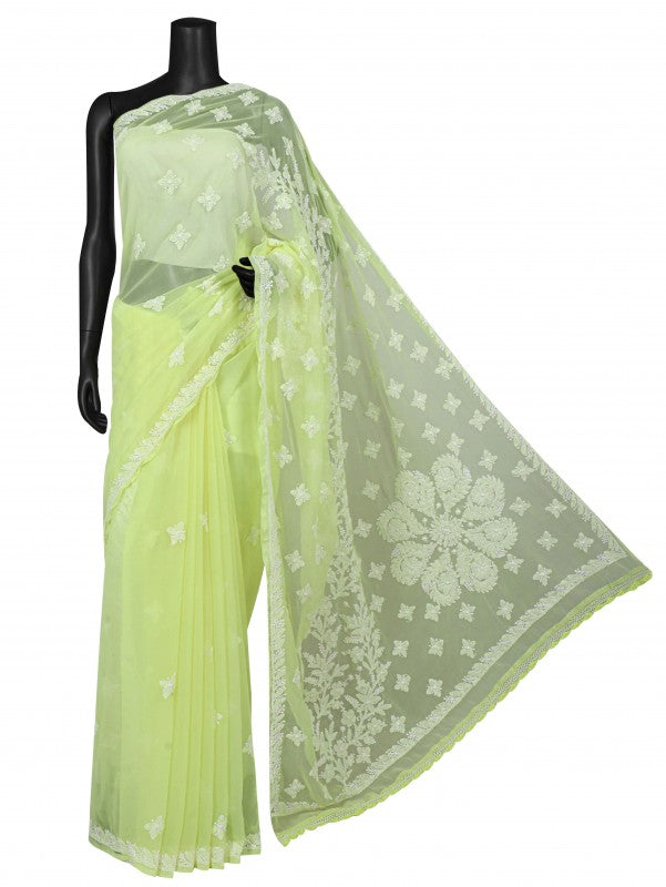 Ada Hand Embroidered Lemon Georgette Lucknowi Chikankari Saree With Blouse A599388