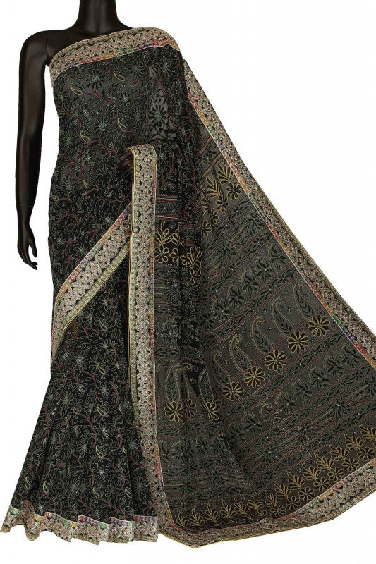 Ada Hand Embroidered Black Pure Georgette Lucknowi Chikankari Saree/Blouse With Sequinned Work- A30499