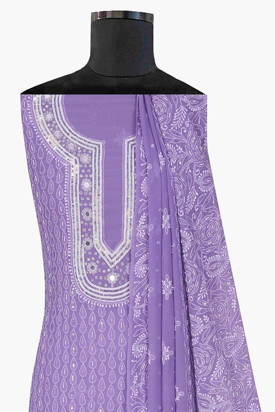 Ada Hand Embroidered Mauve Pure Georgette Lucknowi Chikan Unstitched Kurta Dupatta Set with Pearl & Sequinned Work A623653