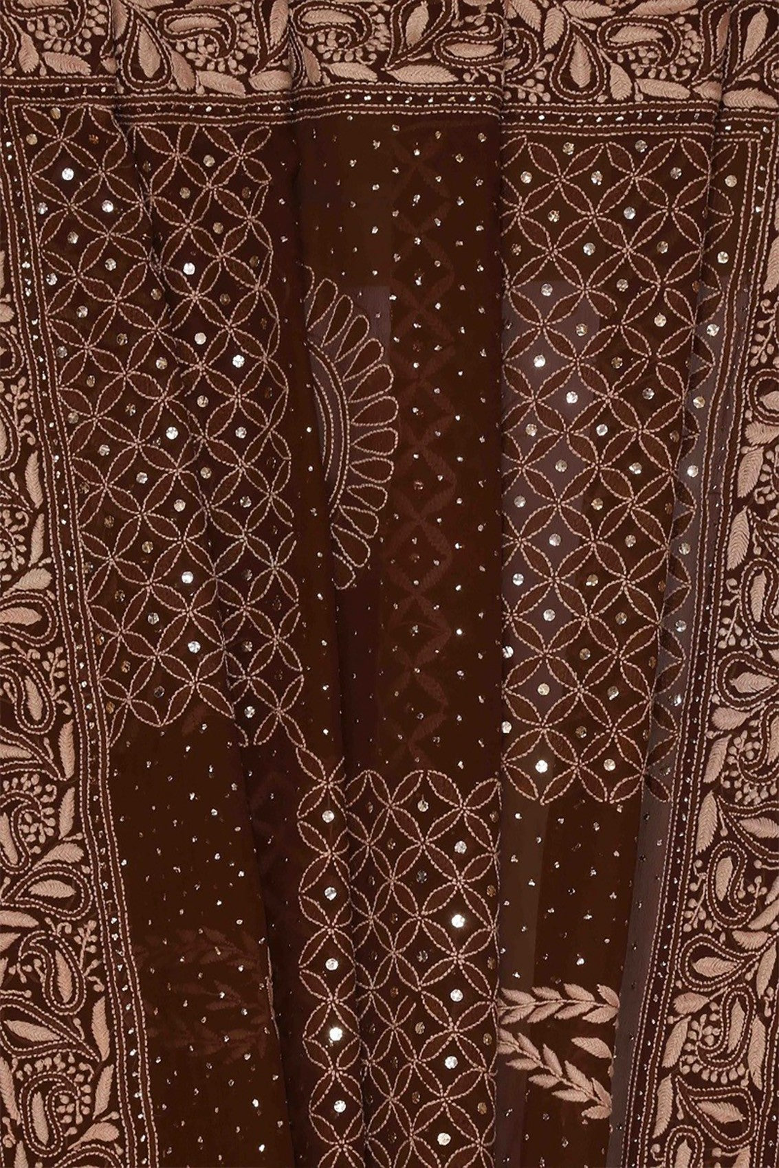 Ada Hand Embroidered Dark Brown Pure Georgette Lucknowi Chikankari Dupatta With Muqaish Work A430703