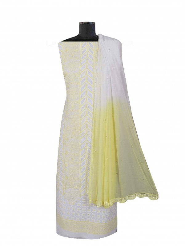 Ada Hand Embroidered White Cotton Lucknowi Chikankari Unstitched Suit Piece 01A133327