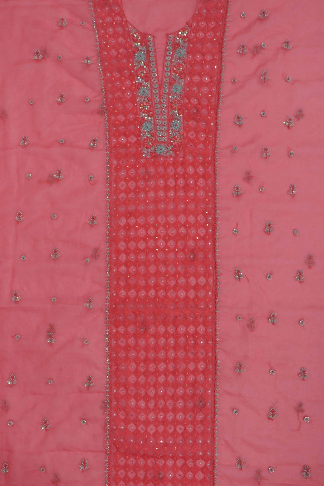 Ada Hand Embroidered Carrot Pink Organza Lucknowi Chikankari Unstitched Kurta Dupatta Set With Cutdana Work 01A121931