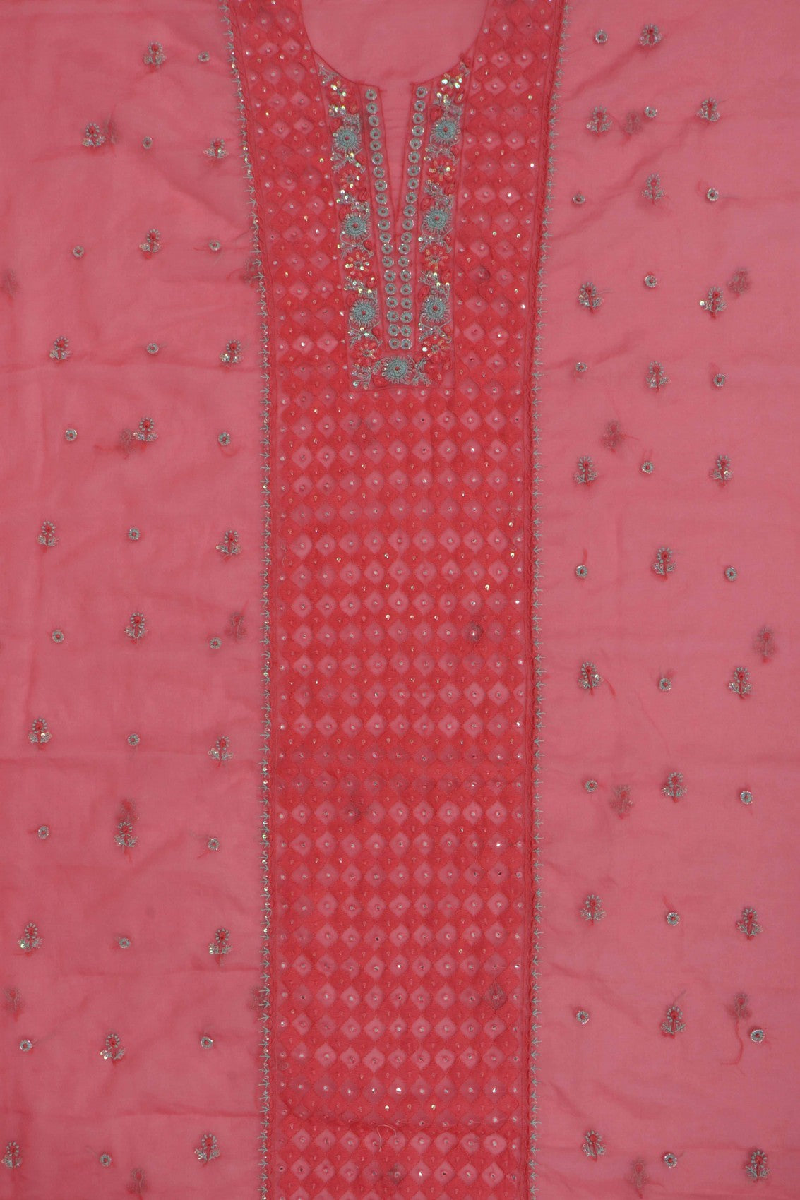 Ada Hand Embroidered Carrot Pink Organza Lucknowi Chikankari Unstitched Kurta Dupatta Set With Cutdana Work 01A121931